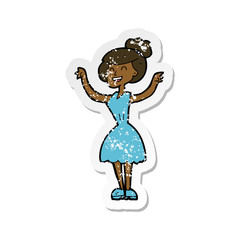 retro distressed sticker of a cartoon woman with raised arms