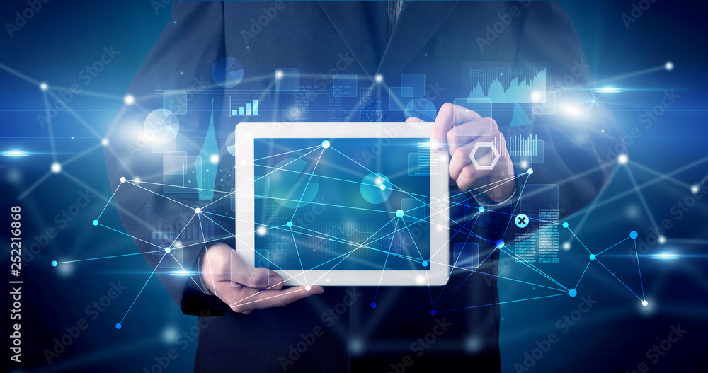 Aufkleber elegant hand holding tablet with virtual database and network concept