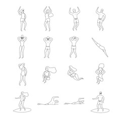 Outline summer people vector illustration. Dancing, surfing, swimming, sunbathing and relaxing man and woman.