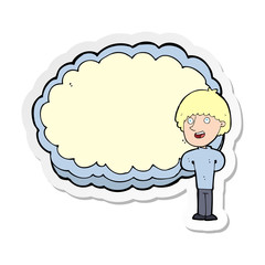sticker of a cartoon happy man with cloud text space