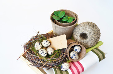 Easter. A basket with tools for transplanting plants. Bird's nest with quail eggs.