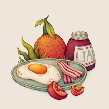 Breakfast illustration. Egg, bacon, orange, jam. Food illustration