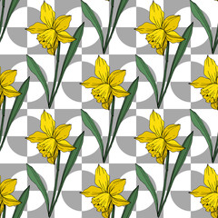 Vector Yellow Narcissus floral botanical flower. Engraved ink art. Seamless background pattern.