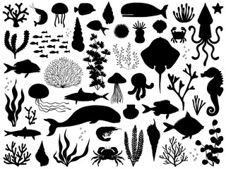 Sea life vector silhouette illustration set