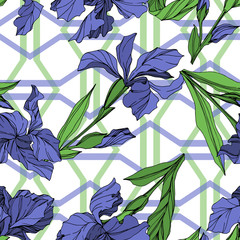 Vector Blue iris floral botanical flower. Blue and green engraved ink art. Seamless background pattern.