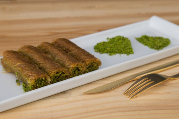 walnut, pistachio turkish style Antep Baklava presentation and service concept