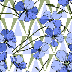 Vector Blue Flax floral botanical flower. Engraved ink art. Seamless background pattern.