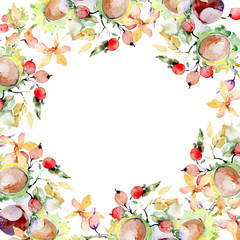 Bouquet of autumn forest fruits. Watercolor background illustration set. Frame border ornament square.