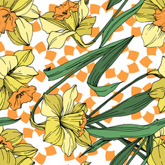 Vector Yellow Narcissus floral botanical flower. Engraved ink art. Seamless background pattern.