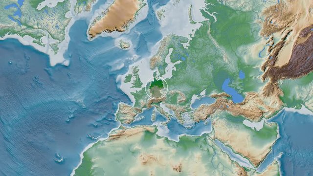 Germany area presented against the global physical map in the Patterson Cylindrical projection with animated oblique transformation