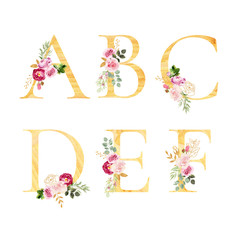 Set of decorated watercolor letters a b c d e f