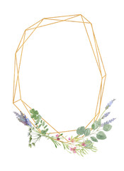 Watercolor golden geometric frame decorated with florals and lavender