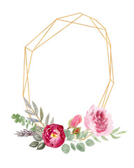 Watercolor golden geometric frame decorated with florals and roses peony