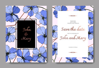 Vector Blue Flax floral botanical flower. Engraved ink art. Wedding background card floral decorative border.