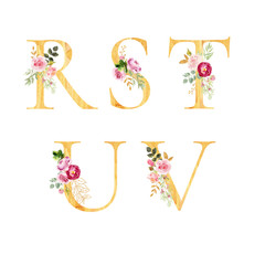 Set of decorated watercolor letters r s t u v