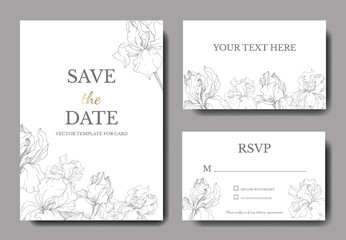 Fototapeta na wymiar Vector Iris floral botanical flower. Engraved ink art. Wedding background card floral decorative border.
