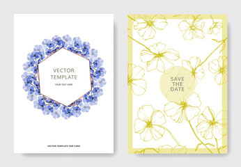 Vector Blue Flax floral botanical flower. Engraved ink art. Wedding background card floral decorative border.
