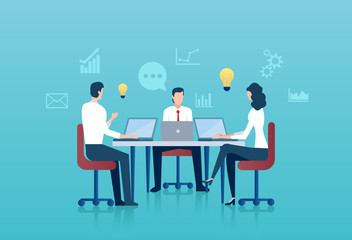 Vector of business people sitting at table brainstorming company future plans.
