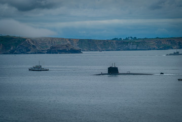 French submarine in the Brest rade in Brittany in France