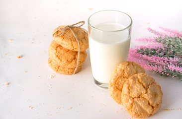 glass of milk, cookies, pink lavender flowers