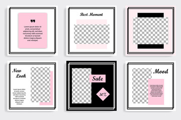 Editable square abstract geometric banner template for social media post. Black and pink frame in white background. Minimal design background vector illustration