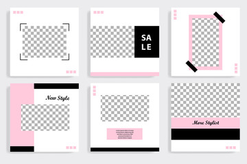 Editable square abstract geometric banner template for social media post. Black and pink frame in white background. Minimal design background vector illustration