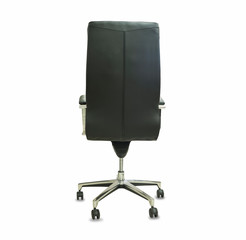 The back view of modern office chair from black leather. Isolated over white