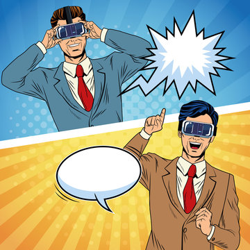 Businessmen virtual reality pop art cartoon