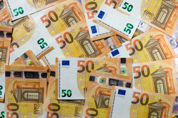 Pile of 50 euro notes. Many banknotes euro