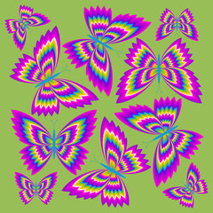 Dance of rainbow butterflies. Optical illusion of movement.