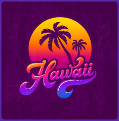 Vintage Hawaii vector background with tropical palm tree and lettering typography. Retro Hawaiian print for t-shirt, logo, label, sticker, poster, banner or party design. Hawaii vector illustration.