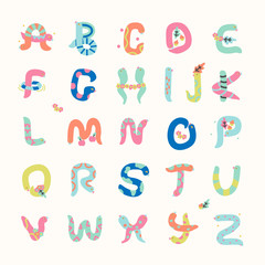Fototapeta na wymiar set of cartoon snake alphabet on white background, font for children letter, kids illustration