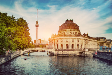 German Bode Museum and River Spree at sunset.
