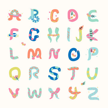 set of cartoon snake alphabet on white background, font for children letter, kids illustration