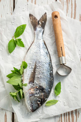 Seasoning freshly caught fish with salt on white table