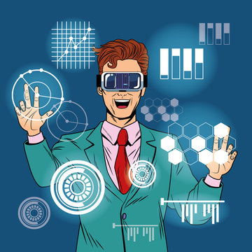 Businessman virtual reality pop art cartoon