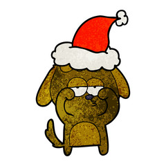 textured cartoon of a tired dog wearing santa hat