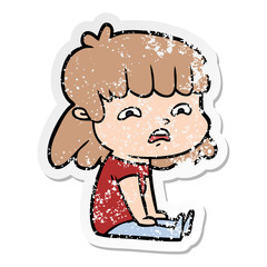 distressed sticker of a cartoon worried woman