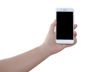 Woman's hand holding smartphone on white background isolate with clipping path