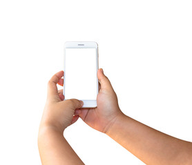 male hand holding smart phone isolated on white