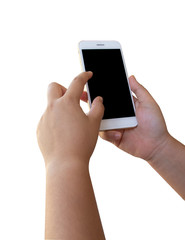 Woman's hand holding smartphone on white background isolate with clipping path