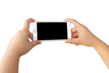 Woman's hand holding smartphone on white background isolate with clipping path