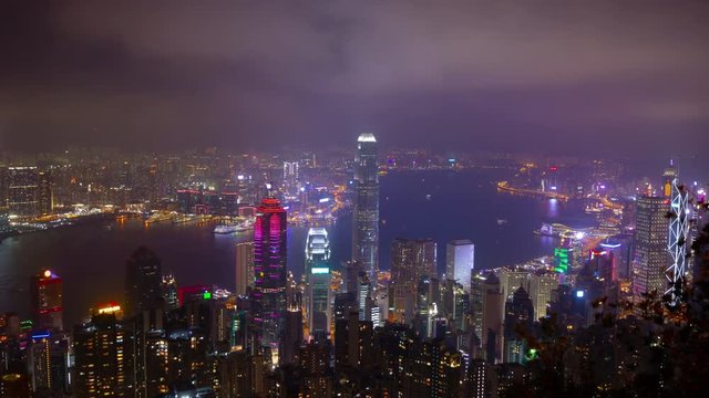 night illuminated hong kong cityscape peak view point panorama 4k timelapse