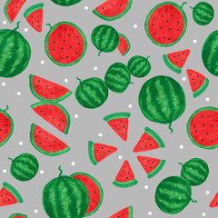 Red watermelon as seamless pattern painting on gray background with dots