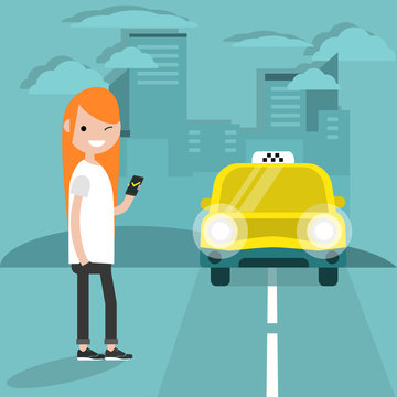 Taxi service. Mobile application.Young character waiting for a car. Flat cartoon illustration, clip art