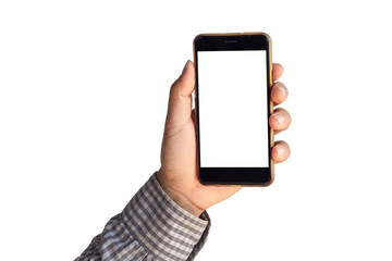 Man's hand holding black smartphone on white background, isolate, with clipping path