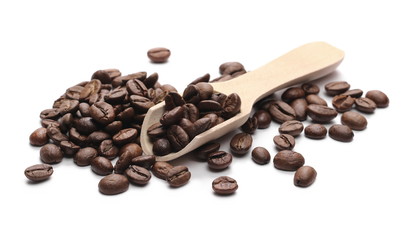 Coffee beans with wooden spoon isolated on white background