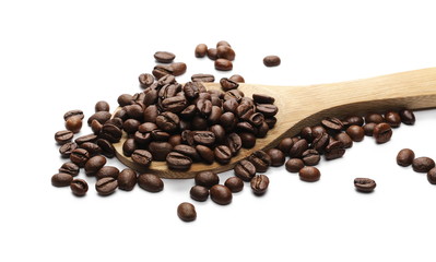 Coffee beans with wooden spoon isolated on white background