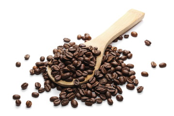 Coffee beans with wooden spoon isolated on white background