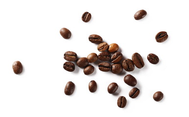 Coffee beans isolated on white background, top view